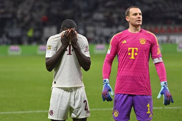 from left Dayot UPAMECANO Bayern Muenchen , Manuel NEUER goalkeeper Bayern Muenchen , player Bayern disappointment,frustration,disappointed,frustrated,dejected, after the end of the match in front of the Bayern fans,football fans Football 1 Bundesliga season 2023 2024, 13 Matchday, Matchday13, Eintracht Frankfurt FC Bayern Muenchen 5 1 on 09 12 2023, DEUTSCHE BANK PARK Frankfurt