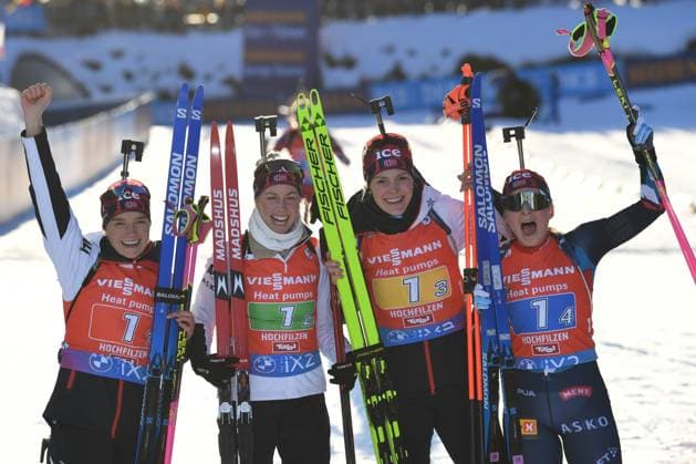BIATHLON Winners NORWAY Team NOR with ARNEKLEIV Juni NOR , SKOGAN Marit Ishol NOR , KNOTTEN Karoline Offigstad NOR and TANDREVOLD Ingrid Landmark NOR at the 4x6km womens relay of the BMW IBU World Cup Biathlon Hochfilzen on 10 12 2023, Austria, Tirol Hochfilzen Biathlon Stadium Tirol Austria