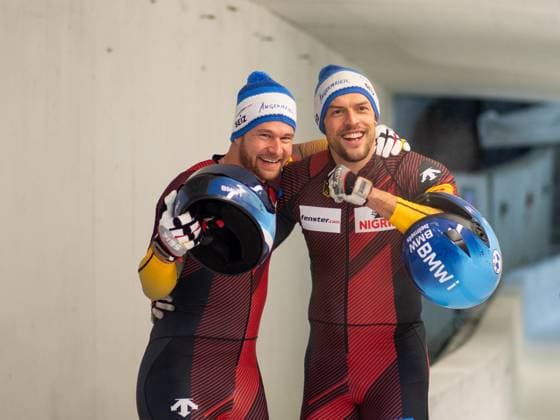 Johannes Lochner, Georg Fleischhauer Germany celebrate victory at the finish, AUT, IBSF BMW Bobsleigh World Cup Innsbruck, two-man bobsleigh race men, 16 12 2023 AUT, IBSF BMW Bobsleigh World Cup Innsbruck, two-man bobsleigh race men, 16 12 2023 Innsbruck Igls Copyright: xEibner-Pressefoto Memmlerx EP_MMR
