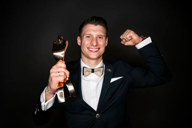 Sportsman of the Year 2023 Lukas Dauser poses with his trophy after receiving the Sportsman of the Year 2023 award Baden Baden Kurhaus Baden Württemberg Germany