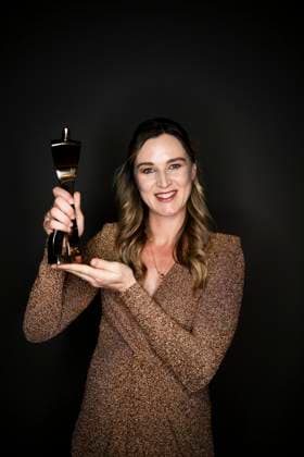 Sportswoman of the Year 2023 Denise Herrmann Wick poses with her trophy after receiving the Sportswoman of the Year 2023 award Baden Baden Kurhaus Baden Württemberg Germany