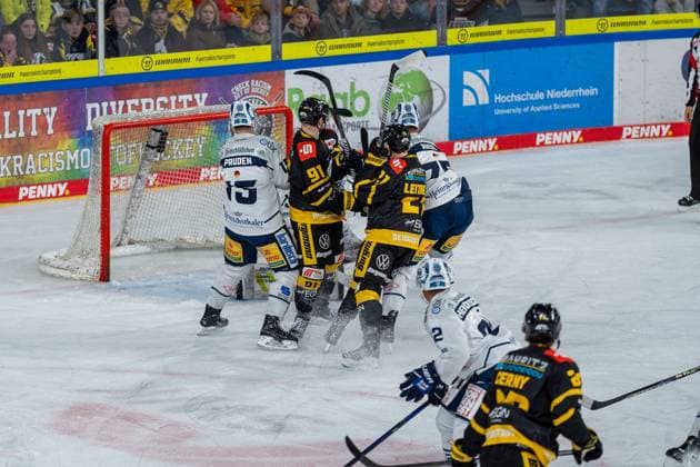 Pandemonium in front of the Krefeld goal, GER Krefeld Pinguine vs Dresdner Eisloewen, Ice Hockey, DEL 2, Matchday 31, Season 2023 2024, 28 12 2023 GER Krefeld Pinguine vs Dresdner Eisloewen, Ice Hockey, DEL 2, Matchday 31, Season 2023 2024, 28 12 2023 Krefeld Copyright: xEibner-Pressefoto FabianxFriesex EP_FFE