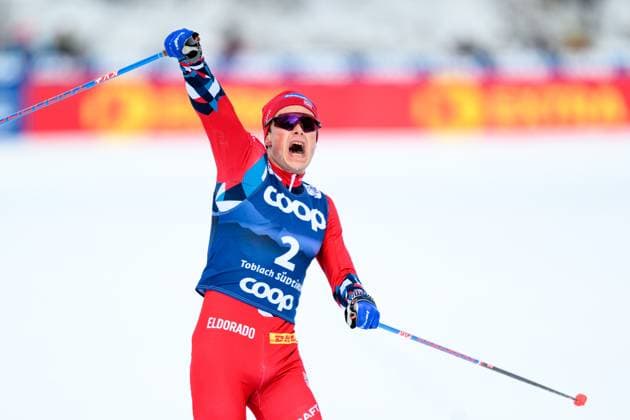 240101 Harald ostberg Amundsen of Norway celebrates in men s cross country skiing 20 km free technique pursuit during Tour de Ski on January 1, 2024 in Toblach Photo Mathias Bergeld BILDBYRAN kod MB MB0819 skidor cross country skiing langrenn världscupen fis cross country world cup jaktstart pursuit fristil free technique bbeng tour de ski norge jubel  Copyright: MATHIASxBERGELD BB240101MB038