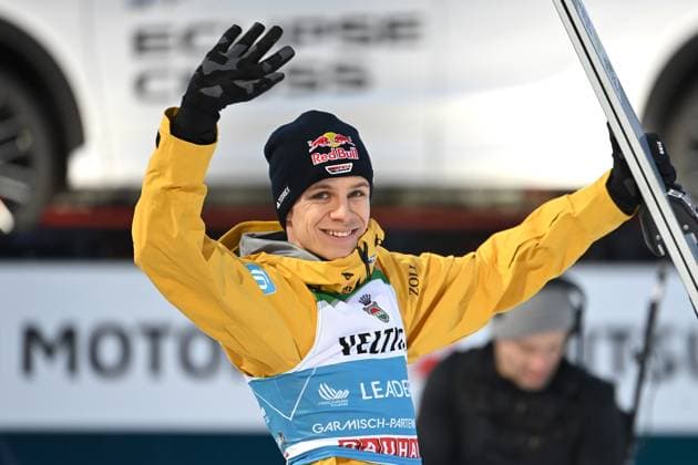 Andreas WELLINGER GER , cheering,joy,enthusiasm, action,single image,cropped single motif,half figure,half figure ski jumping, 72 Four Hills Tournament 2023 24, New Years Jumping on 01 01 2024 in Garmisch Partenkirchen