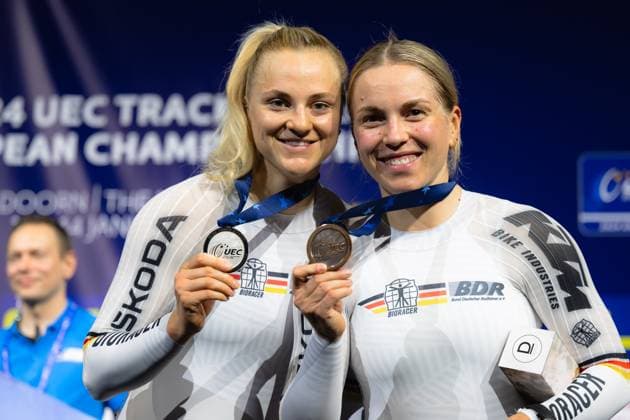 UEC Track Cycling European Championships, Apeldoorn NED , 12 01 2024 Award Ceremony Sprint Women 2 Lea Sophie Friedrich and 3 Emma Hinze both GER , UEC Track Cycling European Championships, Apeldoorn NED , 12 01 2024 Copyright: xBEAUTIFULxSPORTS Hilgerx