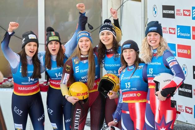 Innsbruck, Austria January 13 14 2024 Eberspächer Luge World Cup 2023 2024 13 01 2024 In the picture Flower ceremony from left Andrea Voetter Marion Oberhofer ITA , Jessica Degenhardt Cheyenne Rosenthal GER , Chevonne Chelsea Forgan Sophia Kirkby USA Olympia Eiskanal Igls South Tyrol Copyright: xFotostandx xWassmuthx