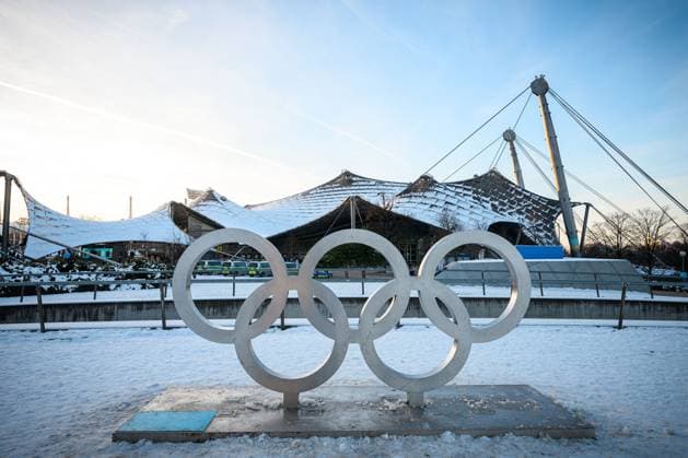 European Handball Championship, Greece Denmark, preliminary round, Group F, 2nd match day Olympic rings, in the background the Olympic Hall Munich Olympic Hall Bavaria Germany