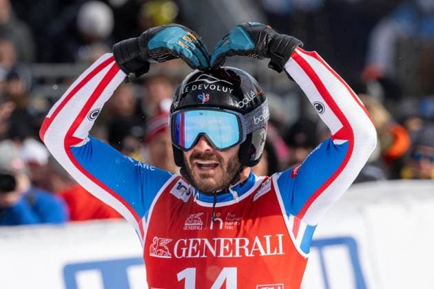 Cheers and joy at the winner Cyprien Sarrazin FRA Austria, Kitzbuehel, 19 01 2024, Alpine Skiing, 84 Hahnenkamm Race 2024, Season 2023 2024,6th Men s Downhill, Hahnenkamm, Streif Photo A2 Bildagentur Peter Hartenfelser