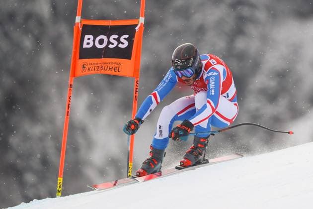 Cyprien SARRAZIN FRA , 1 place, 1st place, winner winner Alpine skiing, Kitzbuehel mens downhill, FIS World Cup, Hahnenkamm race, season 2023 2024 19 01 2024, in Kitzbuehel, Austria Source Copyright Credit Oryk HAIST xSKIALPINx