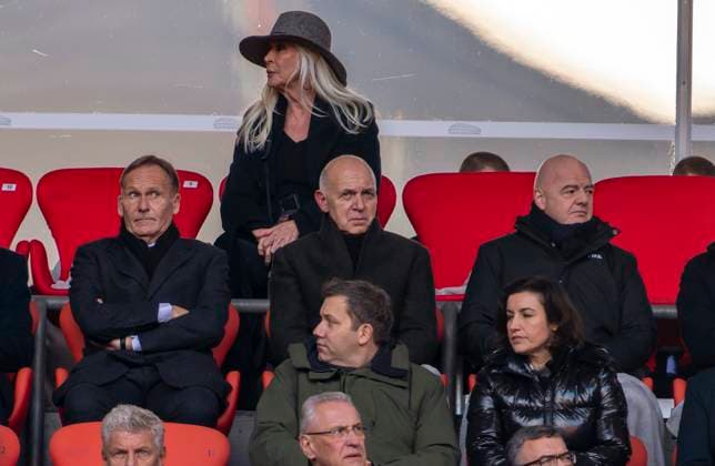 19 01 2024, Football 1 Bundesliga 2023 2024, FC Bayern Munich, memorial service for Franz Beckenbauer, in the Allianz Arena Munich from left Managing Director Hans Joachim Watzke Borussia Dortmund , DFB President Bernd Neuendorf Germany , UEFA President Gianni Infantino, center bottom Lars Klingbeil SPD