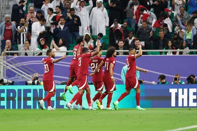 Qatar team group, Mannschaftsbild, Totale (QAT), FEBRUARY 7, 2024 - Football Soccer : Qatar team group celebrate after Gaber s goal during AFC Asian Cup Qatar 2023 Semi finals match between Iran 2-3 Qatar at the Al thumama Stadium in Doha, Qatar. Noxthirdxpartyxsales (243227372)