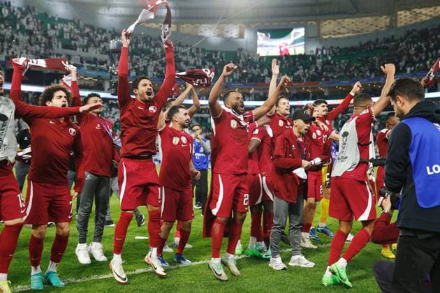 Qatar team group, Mannschaftsbild, Totale (QAT), FEBRUARY 7, 2024 - Football Soccer : Qatar team group celebrate after winning AFC Asian Cup Qatar 2023 Semi finals match between Iran 2-3 Qatar at the Al thumama Stadium in Doha, Qatar. Noxthirdxpartyxsales (243228605)