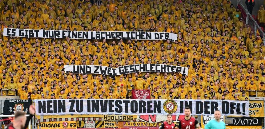 04 02 2024 Soccer Season 2023 2024 3 Soccer League 24 Matchday FC Ingolstadt 04 FCI Schanzer SG Dynamo Dresden SGD Sportfoto Zink xwoxzix Regulations prohibit any use of photographs as image sequences and or quasi video only for editorial use Banner Dynamo Fans Fanblock Es gibt nur einen lächelichen DFB und zwei Geschlechter No to investors in the DFL
