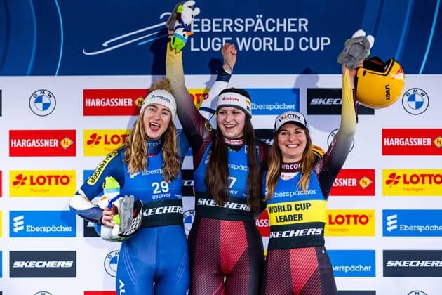 10 02 2024, GER, Luge Luge, Women Men, World Cup, Season 2023 2024, 6 EBERSPAECHER Luge World Cup Women s Singles Oberhof In the picture you can see Egle, Madeleine Fraebel, Merle Taubitz Julia 98559 Oberhof LOTTO Thüringen ARENA am Rennst Thüringen Germany