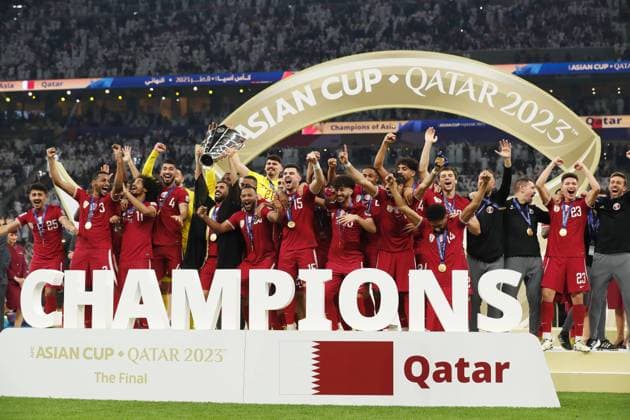 Qatar team group, Mannschaftsbild, Totale (QAT), FEBRUARY 10, 2024 - Football Soccer : Qatar team group celebrate after winning AFC Asian Cup Qatar 2023 final match between Jordan 1-3 Qatar at the Lusail Stadium in Doha, Qatar. Noxthirdxpartyxsales (243541279)