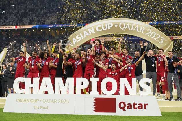 Qatar team group, Mannschaftsbild, Totale (QAT), FEBRUARY 10, 2024 - Football Soccer : Qatar team group celebrate after winning AFC Asian Cup Qatar 2023 final match between Jordan 1-3 Qatar at the Lusail Stadium in Doha, Qatar. Noxthirdxpartyxsales (243541468)