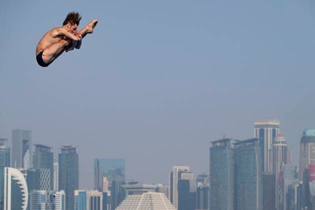 Andrea Barnaba of Italy competes in the high diving 27m Platform Men Round 3 - 4 during the 21st World Aquatics Championships at the Old Doha Port in Doha (Qatar), February 15, 2024. GiorgioXPerottino
