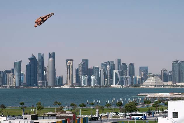 Davide Baraldi of Italy competes in the high diving 27m Platform Men Round 3 - 4 during the 21st World Aquatics Championships at the Old Doha Port in Doha (Qatar), February 15, 2024. GiorgioXPerottino