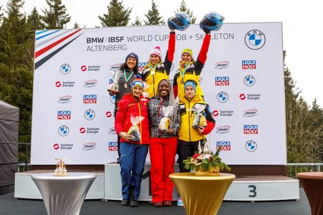 Bobsleigh World Cup Altenberg 2024 Monobob Women DEU Germany Sachsen Altenberg, 17 02 2024, BMW IBSF World Cup Bobsleigh in Altenberg, SachsenEnergie Eiskanal, Monobob Women, Podium Laura Nolte GER, 1st place , Elana Meyers Taylor USA, 2nd place , Lisa Buckwitz GER, 3rd place , Andreea Grecu ROU , Maureen Zimmer GER , Cynthia Appiah CAN AF_Bob_Altenberg_46052