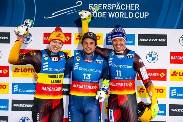 17 02 2024, GER, Luge Luge, Women Men, World Cup, Season 2023 2024, 7 EBERSPAECHER Luge World Cup WC Men s Singles Oberhof Max Langenhan Mueller, Jonas Loch, Felix 98559 Oberhof LOTTO Thüringen ARENA am Rennst Thüringen Germany
