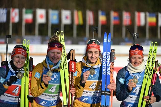 Bilder des Jahres 2024, Sport 02 Feburar Sport Themen der Woche KW07 Sport Bilder des Tages From left Franziska Preuss, Vanessa Voigt, Selina Grotian, Janina Hettich-Walz of Germany celebrate bronze medal after the Women s 4x6 km relay race during the Biathlon World Championships 2024, in Nove Mesto na Morave, Zdar district, Vysocina Region, Czech Republic, February 17, 2024. (CTKxPhoto MichalxKamaryt) CTKPhotoP2024021703687 CTKPhotoP2024021703687