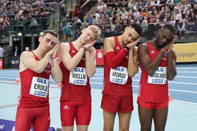 German Indoor Athletics Championships Leipzig, 18 02 2024 Hamburger SVs 4 x 200 meter relay team wins gold Paul Erdle, Matti Wellm, Manuel Mordi, Mireku Carl Junior Boateng 71 German Indoor Athletics Championships on 17 18 02 2024 in the Quarterback Immobilien Arena Leipzig In the picture Copyright: xBEAUTIFULxSPORTS JanxKaeferx