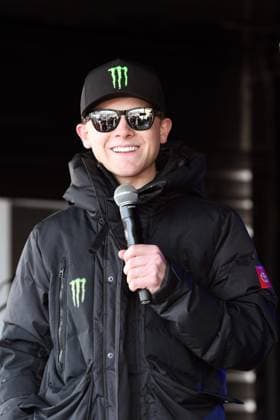 LAS VEGAS, NV - MARCH 05: Ty Gibbs ( 54 Joe Gibbs Racing He Gets us Toyota) speaks at a driver appearance before the NASCAR, Motorsport, USA Cup Series Pennzoil 400 presented by Jiffy Lube on March 5, 2023, at Las Vegas Motor Speedway in Las Vegas, NV. (Photo by Gary Nastase Icon Sportswire) AUTO: MAR 05 NASCAR Cup Series Pennzoil 400 presented by Jiffy Lube EDITORIAL USE ONLY Icon299230305180400