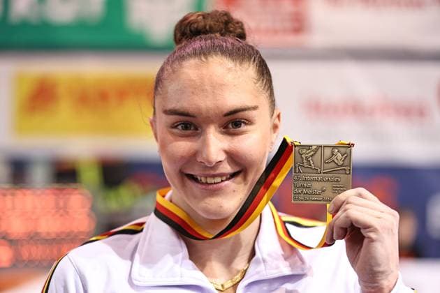 Maellyse Brassart, BEL, after bars final at 2024 world cup Tournament of Champions in Cottbus 24 02 2024