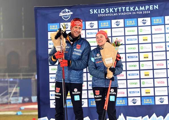 STOCKHOLM, SWEDEN 20240226 Philipp Nawrath and Janina Hettich Walz, of Germany, took second place in Mondays biathlon competition in the singles mix at the Biathlon Championships at Stockholm Stadium STOCKHOLM SWEDEN x10080x  Copyright: xFredrikxSandberg TTx SKIDSKYTTEKAMPEN 2024