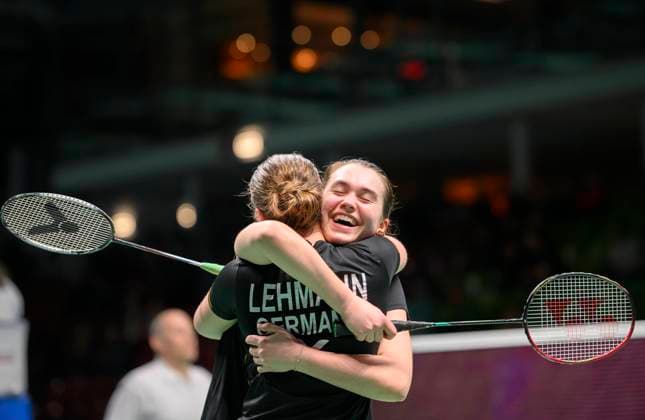 Cheering Amelie LEHMANN l Cara SIEBRECHT GER after the victory Amelie LEHMANN Cara SIEBRECHT GER vs Rutaparna PANDA Swetaparna PANDA IND 21 17, 10 21, 21 14, Womens Doubles, 1 Round, WD Round 1, on 28 02 2024 Badminton Yonex German Open 2024 from 27 02 03 03 2024 in Muelheim an der Ruhr Germany Â
