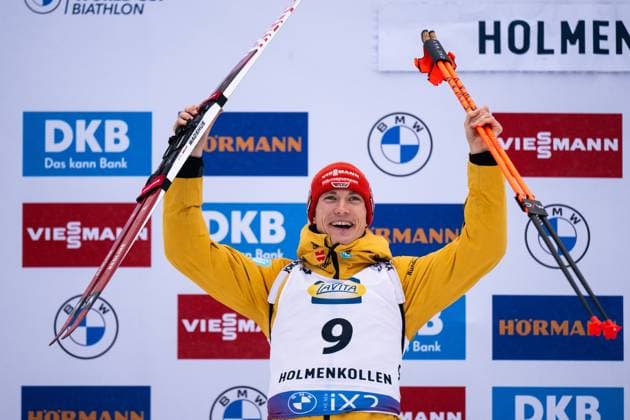 240302 Benedikt Doll of Germany celebrates after men s 15 km mass start during the IBU World Cup on March 2, 2024 in Oslo Photo Mathias Bergeld BILDBYRAN kod MB MB0882 biathlon biathlon biathlon världscupen ibu world cup masstart mass start bbeng verdenscup jubel  Copyright: MATHIASxBERGELD BB240302MB177