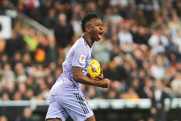 Spain, Valencia, 02 03 2024, Estadio de Mestalla, FC Valencia v FC Real Madrid La Liga EA Sports Matchday 27, Vinicius Jr Real Madrid celebrates after scoring his team˜s first goal Valencia Estadio de Mestalla Spain eu-images-584