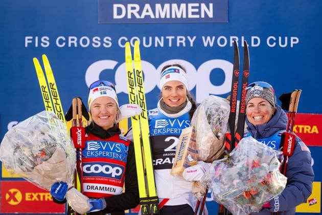 240312 Linn Svahn of Sweden, Kristine Stavas Skistad of Norway and Rosie Brennan of United States celebrate on the podium after the women s classic technique sprint final during the FIS Cross Country World Cup on March 12, 2024 in Drammen Photo Mathias Bergeld BILDBYRAN kod MB MB0886 skidor cross country skiing langrenn världscupen fis cross country world cup sprint dam bbeng women kvinner jubel  Copyright: MATHIASxBERGELD BB240312MB249