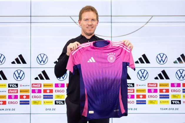DFB press conference on the squad nomination for the international matches against France and the Netherlands National coach Julian Nagelsmann presents the new away jersey DFB press conference with national coach Julian Nagelsmann at the DFB Campus in Frankfurt am Main on March 14, 2024 , Frankfurt am Main Hessen Germany DFB Campus