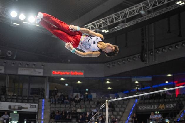 Jonas Eder on high bar 39 EnBW DTB Pokal, 15 03 2024, Stuttgart Porsche Arena , DEU 39 EnBW DTB Pokal, sport, EnBW DTB Pokal, sporting event, gymnastics, competition, Stuttgart, gymnastics, athletes, Deutsche Turnliga, DTL, event, sporting event, competition series, nations, international competition, 15 03 2024, Stuttgart Porsche Arena , DEU Stuttgart Copyright: xSandyxDinkelackerx EP_SDR