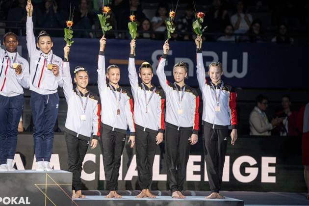 Bronze for Team Germany 39 EnBW DTB Cup, 16 03 2024, Stuttgart Porsche Arena , DEU 39 EnBW DTB Cup, sport, EnBW DTB Cup, sporting event, gymnastics, competition, Stuttgart, gymnastics, athletes, Deutsche Turnliga, DTL, event, sporting event, competition series, nations, international competition, 16 03 2024, Stuttgart Porsche Arena , DEU Stuttgart Copyright: xSandyxDinkelackerx EP_SDR