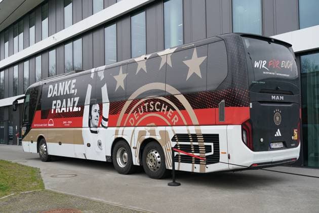 Team bus with thank you Franz in memory of Franz Beckenbauer Frankfurt 19 03 2024 Training of the national team