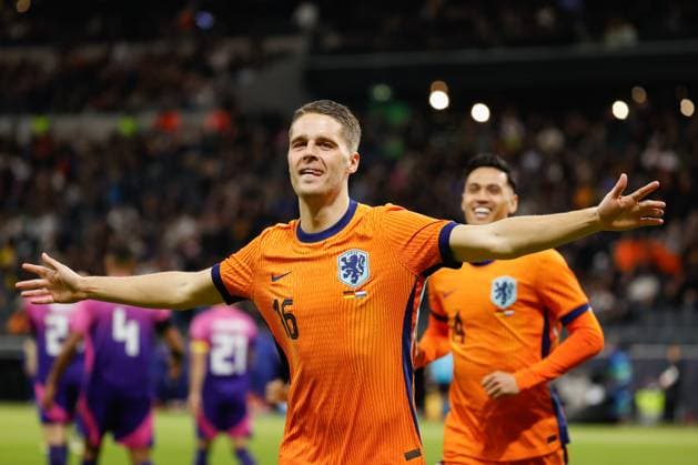 In the picture Celebration after the goal to 0 1 by Goalscorer Joey Veerman Netherlands, 16 26 03 2024, Germany vs Netherlands, Friendly match, Germany, Frankfurt am Main, Deutsche Bank Park, Copyright: HMBxMedia xJulienxBecker
