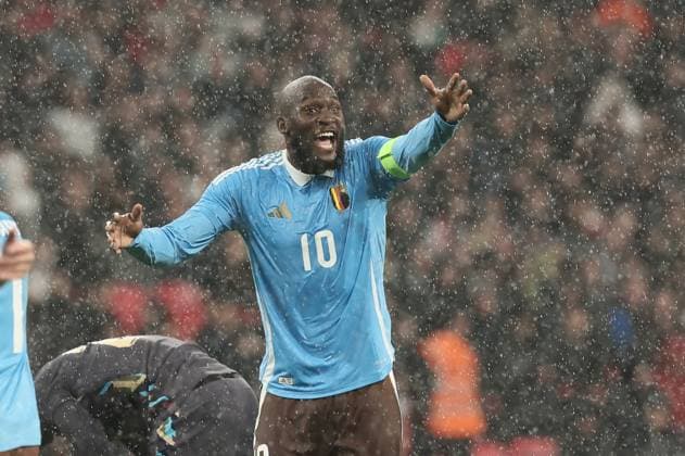 Belgium s Romelu Lukaku gestures during a friendly soccer game between England and Belgian national team, Nationalteam Red Devils, on Tuesday 26 March 2024 in London, United Kingdom. The teams are preparing for this summers Euro 2024 tournament. BRUNOxFAHY  x89887936x