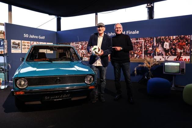Sport, Football, National team season 2023 24 UEFA international match Germany Netherlands 26 03 2024, Deutsche Bank Park World Champion Wolfgang Kleff, Reporter legend Uli Köhler next to the Golf 1 from 1974, 50 years VW Golf and World Champion 1974 Deutsche Bank Park DFB Campus Hessen Germany