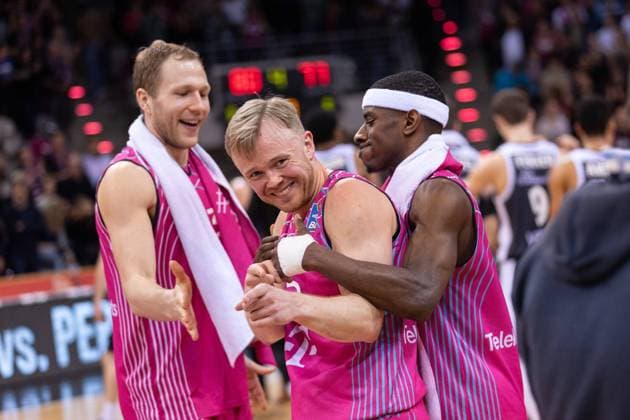Christian Sengfelder, Harald Frey, Glynn Watson Telekom Baskets Bonn after victory against RASTA Vechta BBL Season 2023 2024 26 Matchday