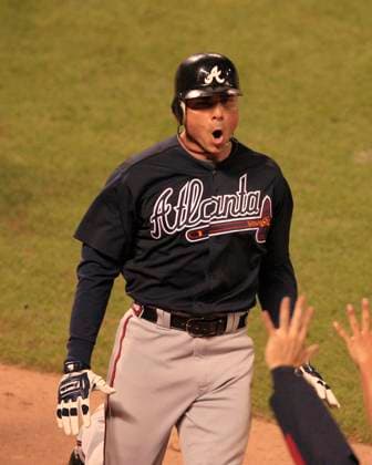 MLB, Baseball Herren, USA National League Division Series Atlanta Braves vs San Francisco Giants OCT 08 October 08, 2010: San Francisco,CA. Braves center Fielder Rick Ankiel 28 reacts in the Braves dugout after his Game winning home run in the top of the 11th inning, during the National League Division Series game 2, between the Wild Card Atlanta Braves and the National League West San Francisco Giants at AT&T Park in San Francisco,California. The Braves beat the Giants in 11 innings 5-4. Jeff Trouette CSM.(Credit Image: Â Jeff Trouette Cal Media) San Francisco California U.S. EDITORIAL USE ONLY Copyright: xx ZUMA-20101008_zaf_cj3_013.jpg JeffxTrouettex csmphoto371867