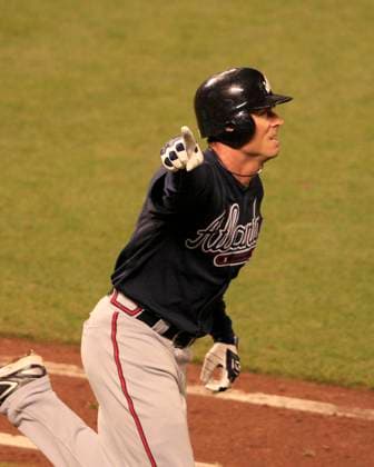 MLB, Baseball Herren, USA National League Division Series Atlanta Braves vs San Francisco Giants OCT 08 October 08, 2010: San Francisco,CA. Braves center Fielder Rick Ankiel 28 points to the Braves dugout after his Game winning home run in the top of the 11th inning, during the National League Division Series game 2, between the Wild Card Atlanta Braves and the National League West San Francisco Giants at AT&T Park in San Francisco,California. The Braves beat the Giants in 11 innings 5-4. Jeff Trouette CSM.(Credit Image: Â Jeff Trouette Cal Media) San Francisco California U.S. EDITORIAL USE ONLY Copyright: xx ZUMA-20101008_zaf_cj3_001.jpg JeffxTrouettex csmphoto371873