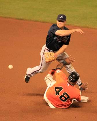 MLB, Baseball Herren, USA National League Division Series Atlanta Braves vs San Francisco Giants OCT 08 October 08, 2010: San Francisco,CA. Giants base runner Pablo Sandoval 48 takes out Braves second baseman Brooks Conrad 26, during the National League Division Series game 2, between the Wild Card Atlanta Braves and the National League West San Francisco Giants at AT&T Park in San Francisco,California. The Braves beat the Giants in 11 innings 5-4. Jeff Trouette CSM.(Credit Image: Â Jeff Trouette Cal Media) San Francisco California U.S. EDITORIAL USE ONLY Copyright: xx ZUMA-20101008_zaf_cj3_006.jpg JeffxTrouettex csmphoto371874