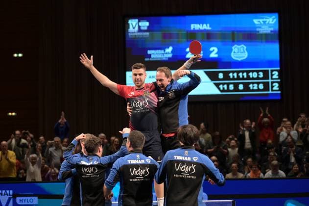 TTCL Final 1 FC Saarbrücken TT Borussia Düsseldorf on 01 04 2024 in the Saarlandhalle in Saarbrücken Darko Jorgic Saarbrücken and the team cheer after the victory xJFx