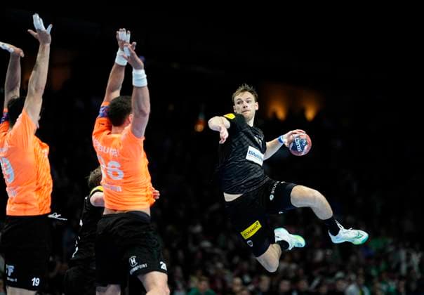 Germany, Berlin, 02 04 2024, Max Schmeling Halle, Fuchse Berlin vs Kadetten Schaffhausen EHF Pokal, Mathias Gidsel Fuchse Berlin controls the ball Berlin Max Schmeling Halle Berlin Germany eu-images-659