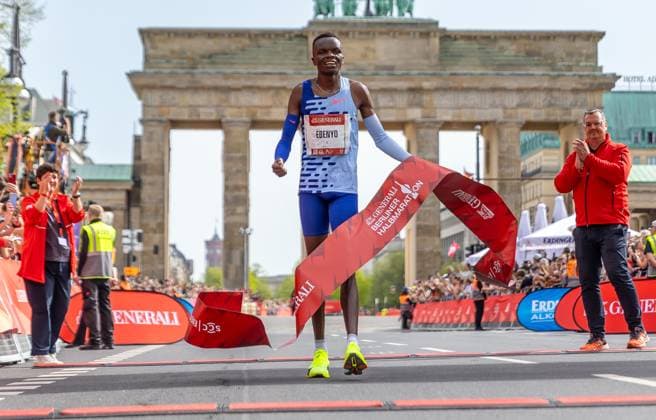 Berlin, 07 04 24, Athletics, Generali Berlin Half Marathon 2024 Daniel Ebenyo from Kenya crosses the finish line to win this years Generali Berlin Half Marathon 2024