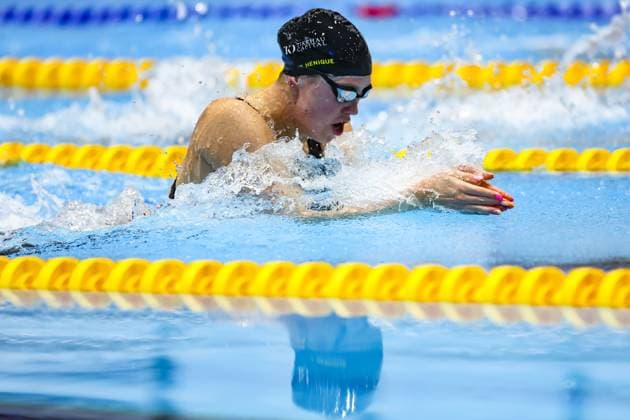 Belgian Florine Gaspard pictured in action during the women s 100m breaststroke at the Belgian Swimming Championships, Saturday 20 April 2024 in Antwerp. DAVIDxPINTENS  x91317505x
