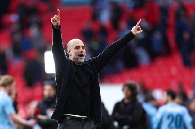 Chelsea gegen Manchester City 20. April 2024, London FA Cup Halbfinale Chelsea gegen Manchester City Manchester City Trainer Pep Guardiola feiert den Sieg Foto Jacques Feeney Abseits London UK  Copyright: xJacquesxFeeneyx xOffsidexOffside