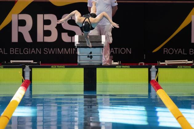 Belgian Florine Gaspard pictured in action during the women s 50m breaststroke at the Belgian Swimming Championships, Sunday 21 April 2024 in Antwerp. KRISTOFxVANxACCOM  x91385792x